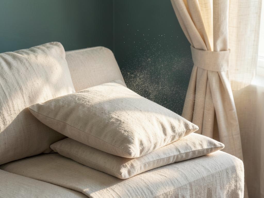Fabric coating being sprayed onto linen cushions beside a curtain