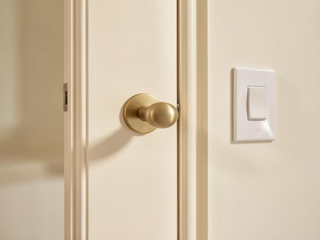 Brass door handle and light switch on a pale painted wall
