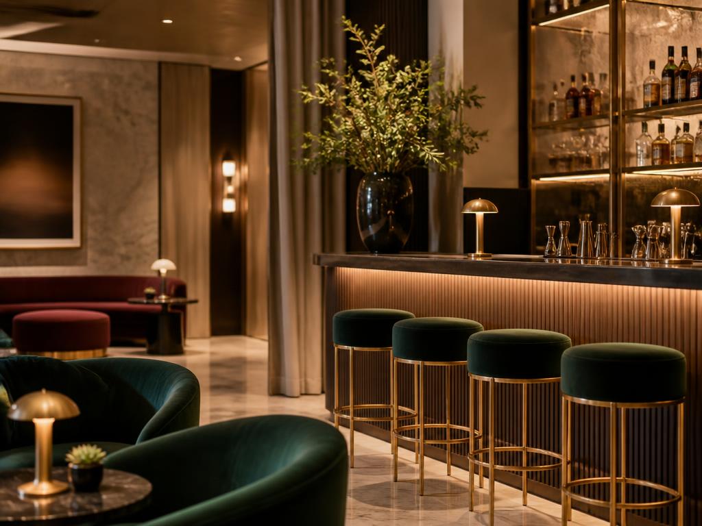 A premium hotel bar and lounge with brass fixtures, velvet seating and marble surfaces
