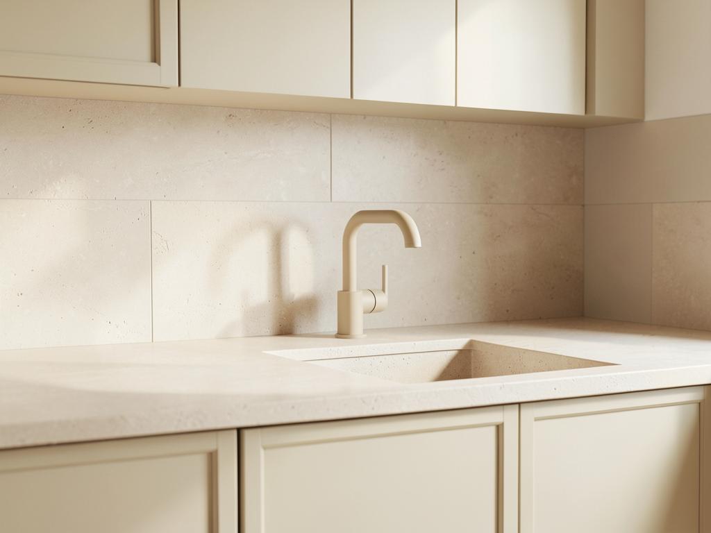 Pale stone kitchen worktop with a matte tap and cupboard fronts