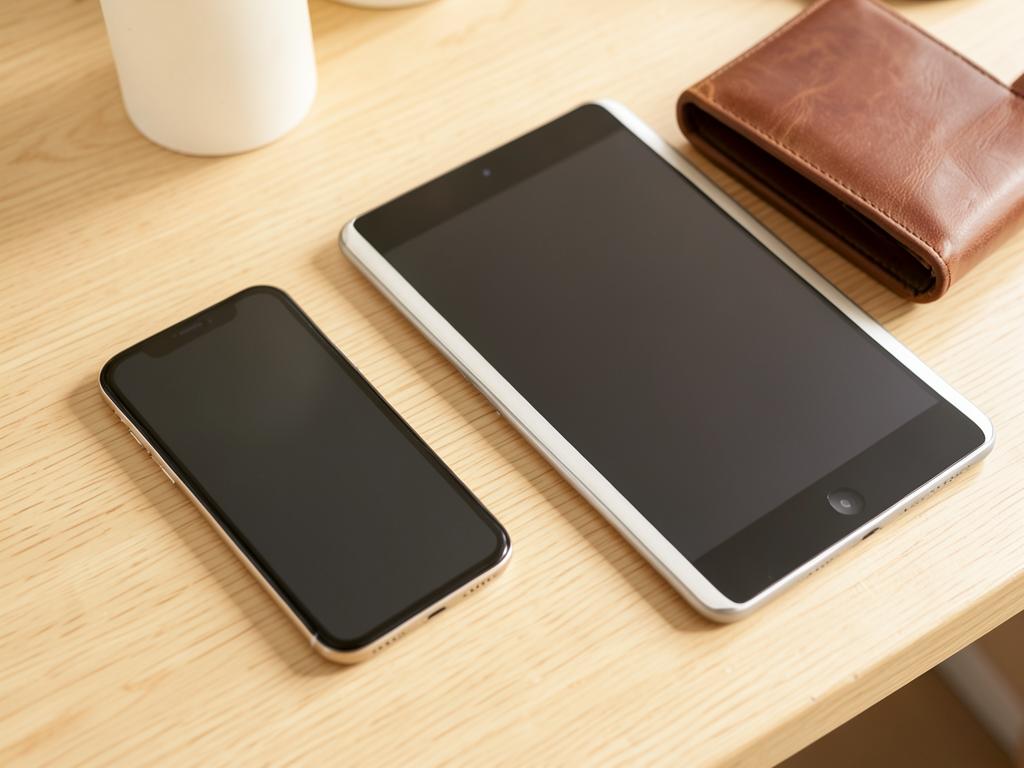 Phone, tablet and wallet resting on an oak table