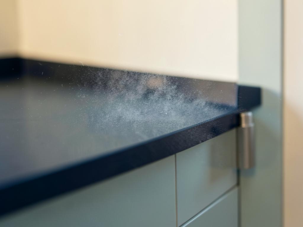 Fine coating mist settling over a dark worktop edge and metal handle